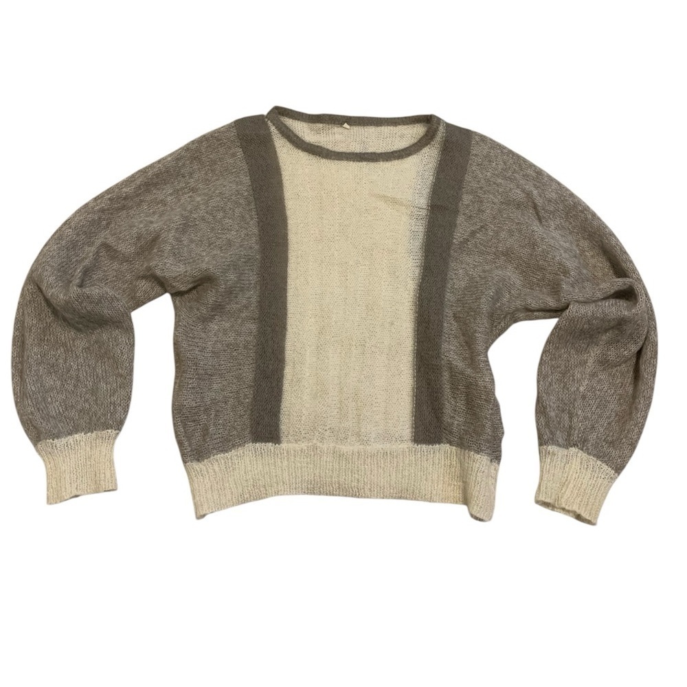 VINTAGE Sheer Mohair Blend Striped Balloon Sleeve Sweater Cream Gray 44 Euro